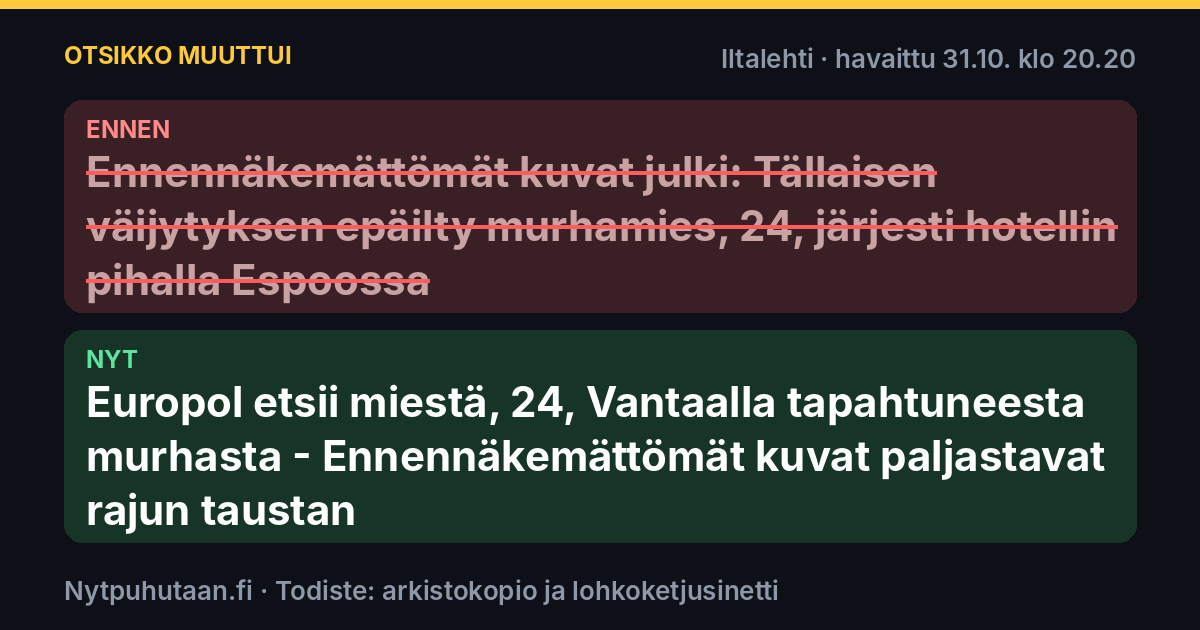 Ennen: Ennennäkemättömät kuvat julki: Tällaisen väijytyksen epäilty murhamies, 24, järjesti hotellin pihalla Espoossa. Nyt: Europol etsii miestä, 24, Vantaalla tapahtuneesta murhasta – Ennennäkemättömät kuvat paljastavat rajun taustan