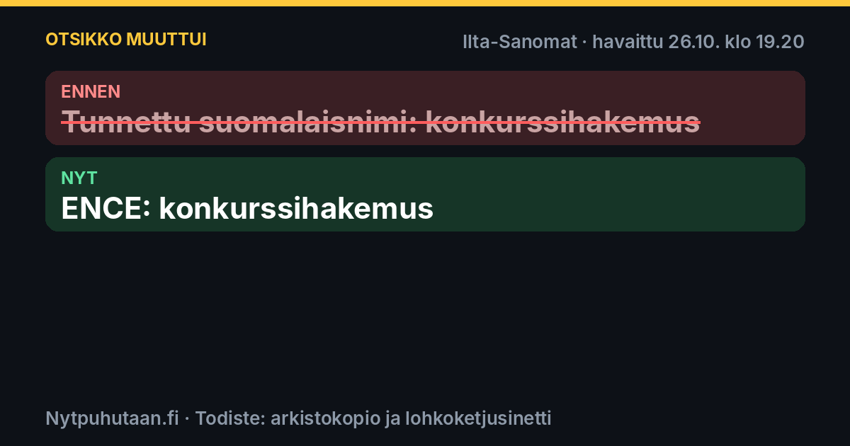 Ennen: Tunnettu suomalaisnimi: konkurssihakemus. Nyt: ENCE: konkurssihakemus