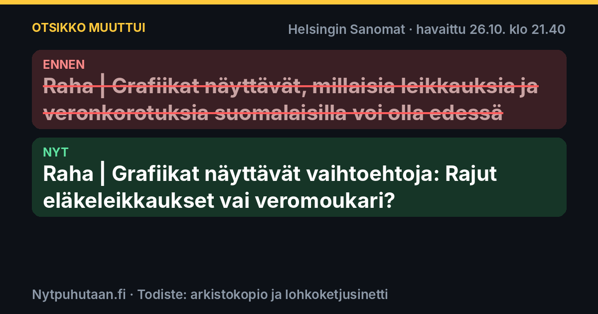 Ennen: Raha | Grafiikat näyttävät, millaisia leikkauksia ja veronkorotuksia suomalaisilla voi olla edessä. Nyt: Raha | Grafiikat näyttävät vaihtoehtoja: Rajut eläkeleikkaukset vai veromoukari?