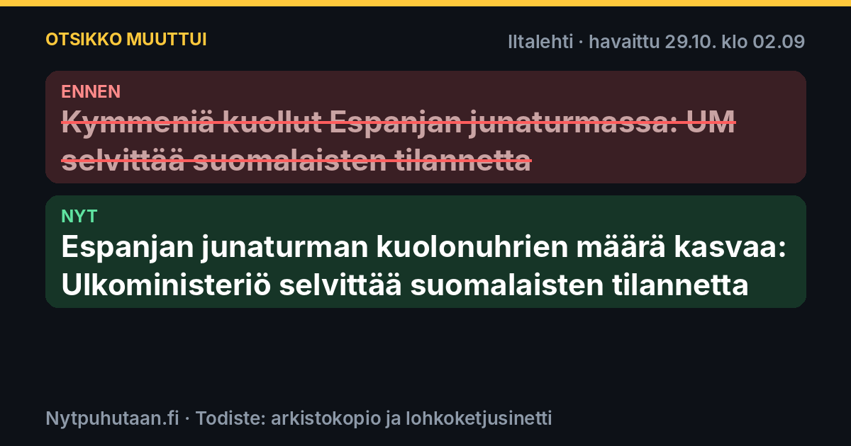 Ennen: Kymmeniä kuollut Espanjan junaturmassa: UM selvittää suomalaisten tilannetta. Nyt: Espanjan junaturman kuolonuhrien määrä kasvaa: Ulkoministeriö selvittää suomalaisten tilannetta