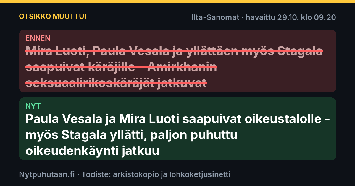 Ennen: Mira Luoti, Paula Vesala ja yllättäen myös Stagala saapuivat käräjille – Amirkhanin seksuaalirikoskäräjät jatkuvat. Nyt: Paula Vesala ja Mira Luoti saapuivat oikeustalolle – myös Stagala yllätti, paljon puhuttu oikeudenkäynti jatkuu
