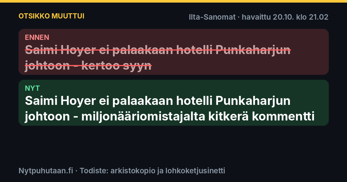 Ennen: Saimi Hoyer ei palaakaan hotelli Punkaharjun johtoon – kertoo syyn. Nyt: Saimi Hoyer ei palaakaan hotelli Punkaharjun johtoon – miljonääriomistajalta kitkerä kommentti