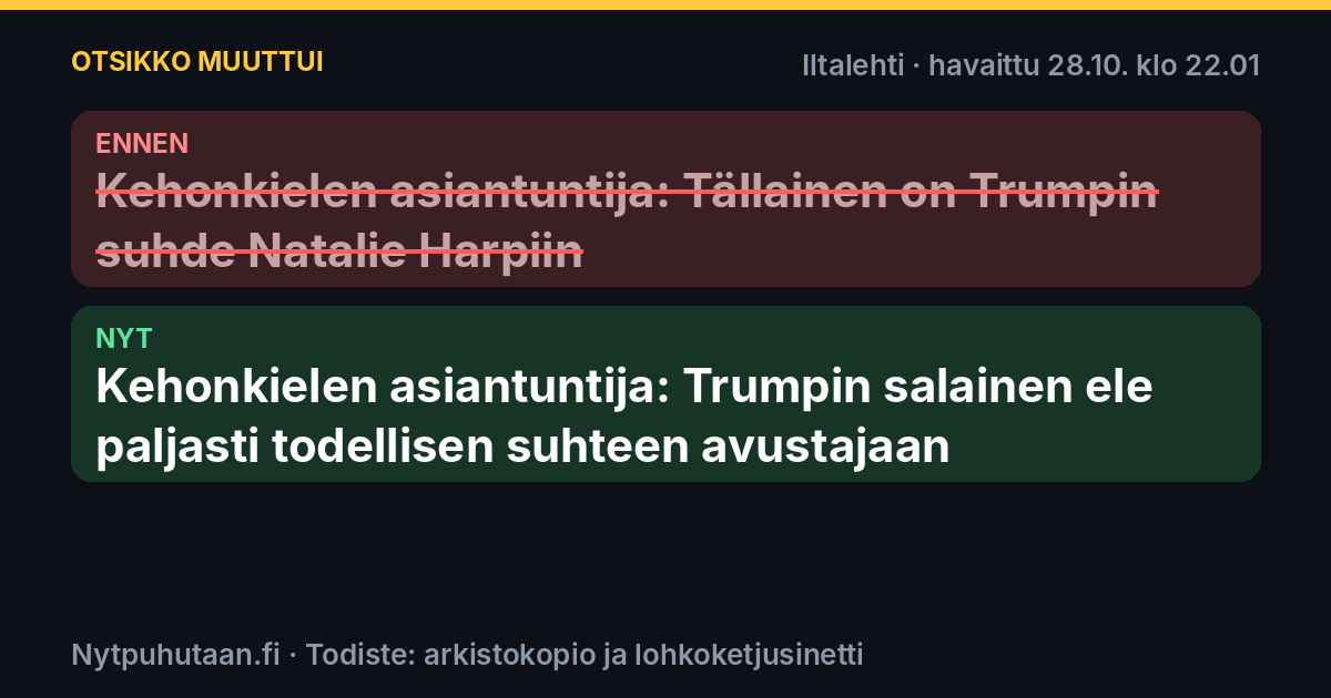 Ennen: Kehonkielen asiantuntija: Tällainen on Trumpin suhde Natalie Harpiin. Nyt: Kehonkielen asiantuntija: Trumpin salainen ele paljasti todellisen suhteen avustajaan