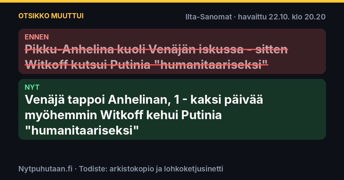 Ennen: Pikku-Anhelina kuoli Venäjän iskussa – sitten Witkoff kutsui Putinia ”humanitaariseksi”. Nyt: Venäjä tappoi Anhelinan, 1 – kaksi päivää myöhemmin Witkoff kehui Putinia ”humanitaariseksi”