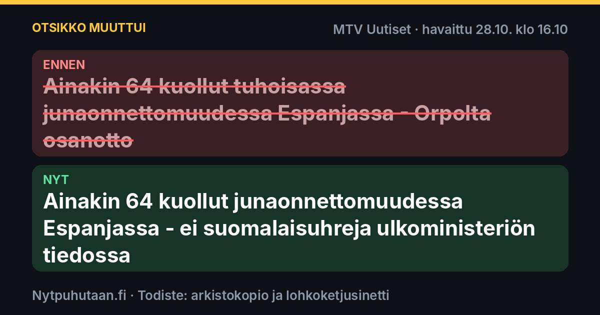 Ennen: Ainakin 64 kuollut tuhoisassa junaonnettomuudessa Espanjassa – Orpolta osanotto. Nyt: Ainakin 64 kuollut junaonnettomuudessa Espanjassa – ei suomalaisuhreja ulkoministeriön tiedossa