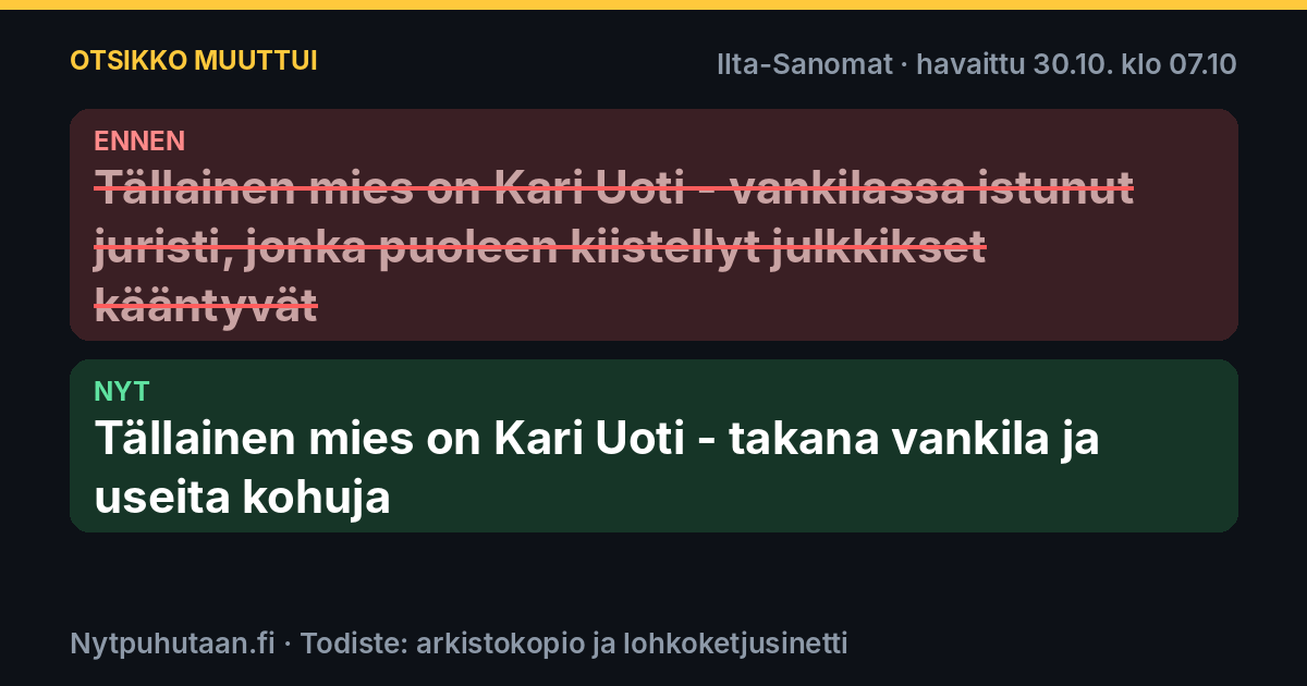 Ennen: Tällainen mies on Kari Uoti – vankilassa istunut juristi, jonka puoleen kiistellyt julkkikset kääntyvät. Nyt: Tällainen mies on Kari Uoti – takana vankila ja useita kohuja