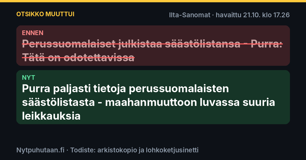 Ennen: Perussuomalaiset julkistaa säästölistansa – Purra: Tätä on odotettavissa. Nyt: Purra paljasti tietoja perussuomalaisten säästölistasta – maahanmuuttoon luvassa suuria leikkauksia