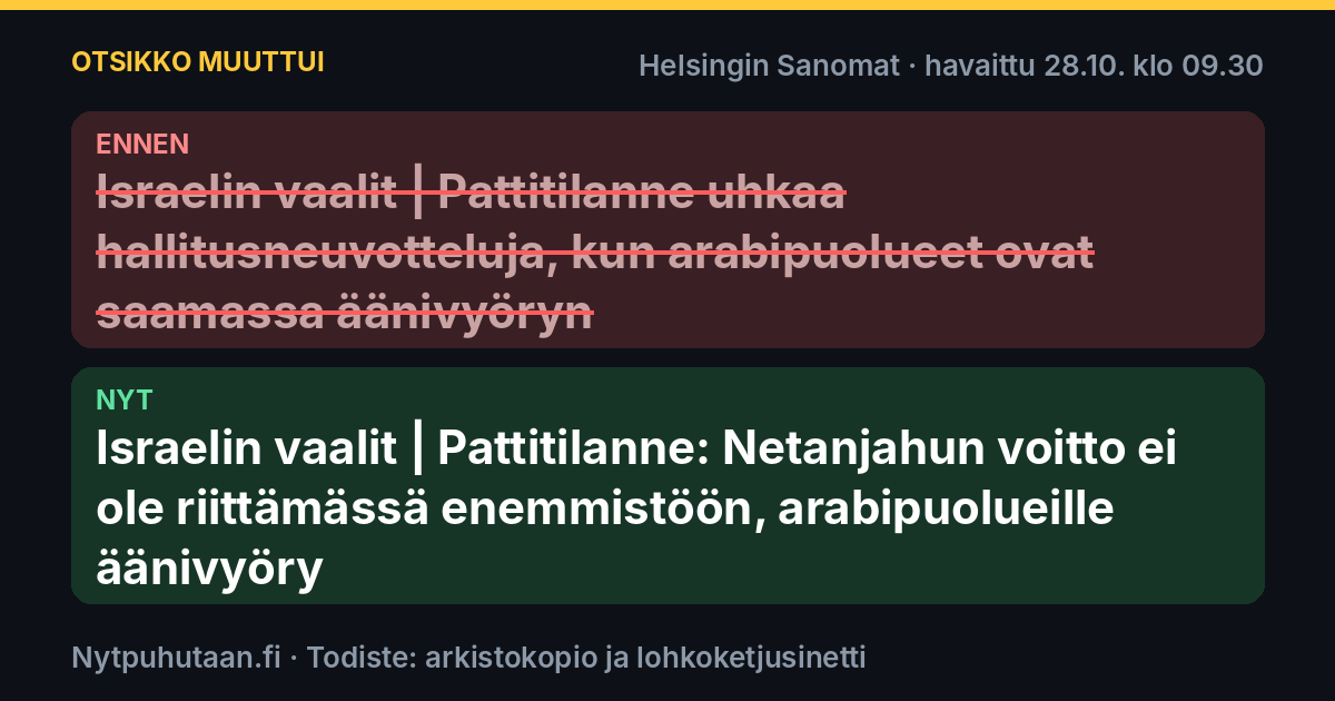 Ennen: Israelin vaalit | Pattitilanne uhkaa hallitusneuvotteluja, kun arabipuolueet ovat saamassa äänivyöryn. Nyt: Israelin vaalit | Pattitilanne: Netanjahun voitto ei ole riittämässä enemmistöön, arabipuolueille äänivyöry
