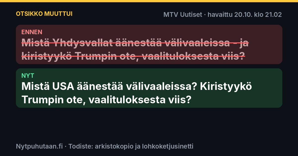 Ennen: Mistä Yhdysvallat äänestää välivaaleissa – ja kiristyykö Trumpin ote, vaalituloksesta viis?. Nyt: Mistä USA äänestää välivaaleissa? Kiristyykö Trumpin ote, vaalituloksesta viis?