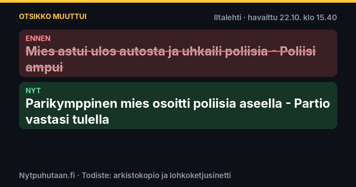 Ennen: Mies astui ulos autosta ja uhkaili poliisia – Poliisi ampui. Nyt: Parikymppinen mies osoitti poliisia aseella – Partio vastasi tulella