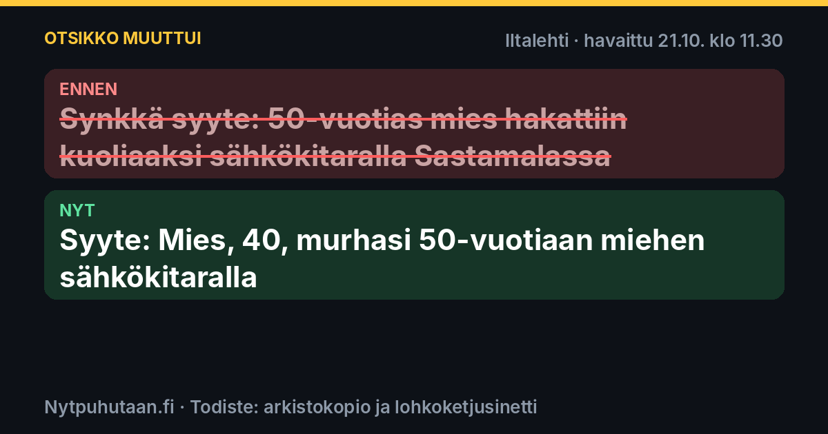 Ennen: Synkkä syyte: 50-vuotias mies hakattiin kuoliaaksi sähkökitaralla Sastamalassa. Nyt: Syyte: Mies, 40, murhasi 50-vuotiaan miehen sähkökitaralla