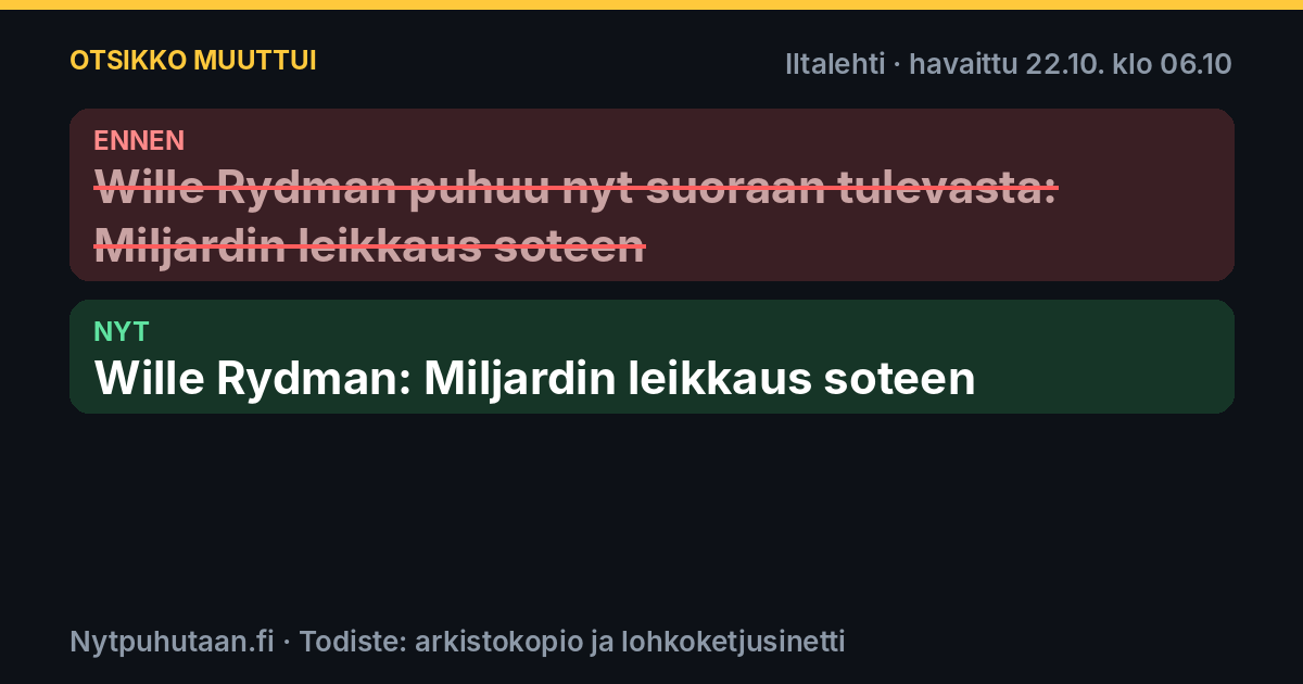 Ennen: Wille Rydman puhuu nyt suoraan tulevasta: Miljardin leikkaus soteen. Nyt: Wille Rydman: Miljardin leikkaus soteen