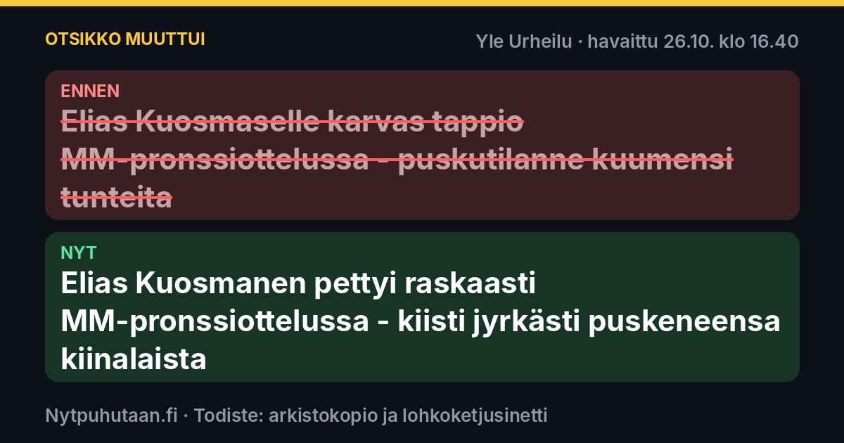 Ennen: Elias Kuosmaselle karvas tappio MM-pronssiottelussa – puskutilanne kuumensi tunteita. Nyt: Elias Kuosmanen pettyi raskaasti MM-pronssiottelussa – kiisti jyrkästi puskeneensa kiinalaista