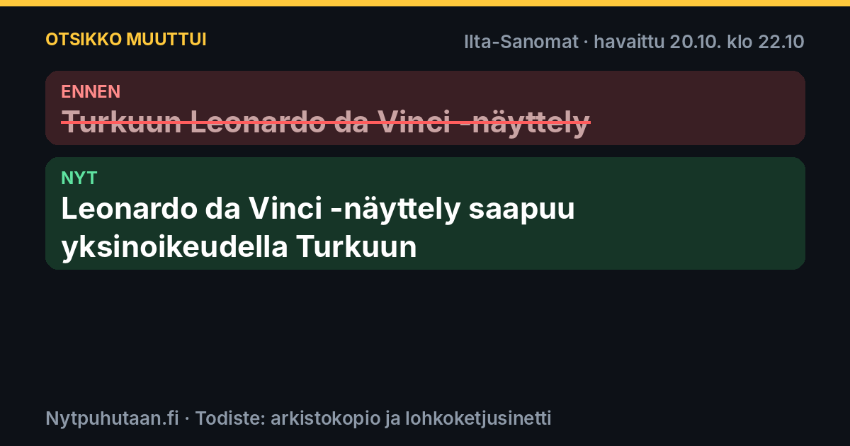Ennen: Turkuun Leonardo da Vinci -näyttely. Nyt: Leonardo da Vinci -näyttely saapuu yksinoikeudella Turkuun