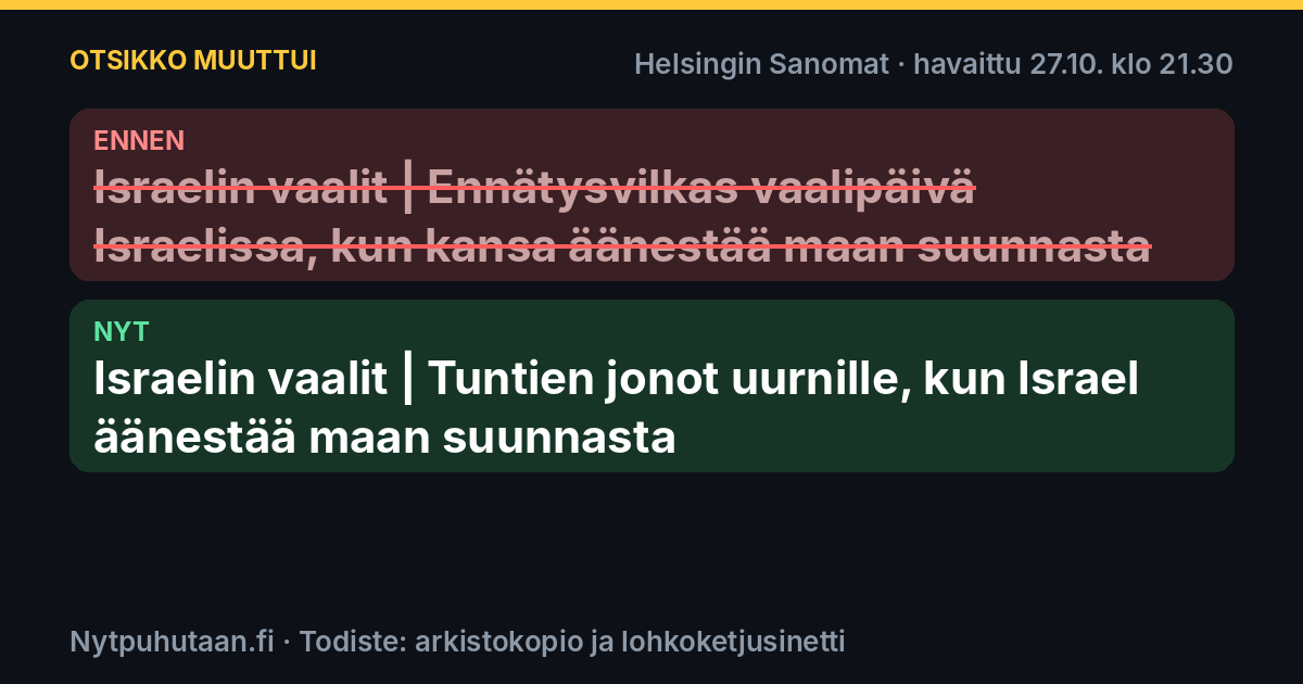 Ennen: Israelin vaalit | Ennätysvilkas vaalipäivä Israelissa, kun kansa äänestää maan suunnasta. Nyt: Israelin vaalit | Tuntien jonot uurnille, kun Israel äänestää maan suunnasta