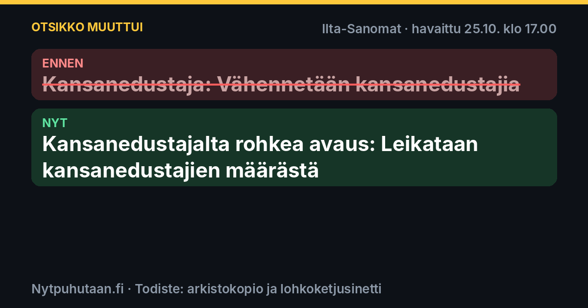 Ennen: Kansanedustaja: Vähennetään kansanedustajia. Nyt: Kansanedustajalta rohkea avaus: Leikataan kansanedustajien määrästä