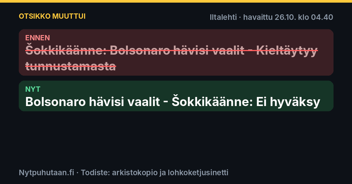 Ennen: Šokkikäänne: Bolsonaro hävisi vaalit – Kieltäytyy tunnustamasta. Nyt: Bolsonaro hävisi vaalit – Šokkikäänne: Ei hyväksy