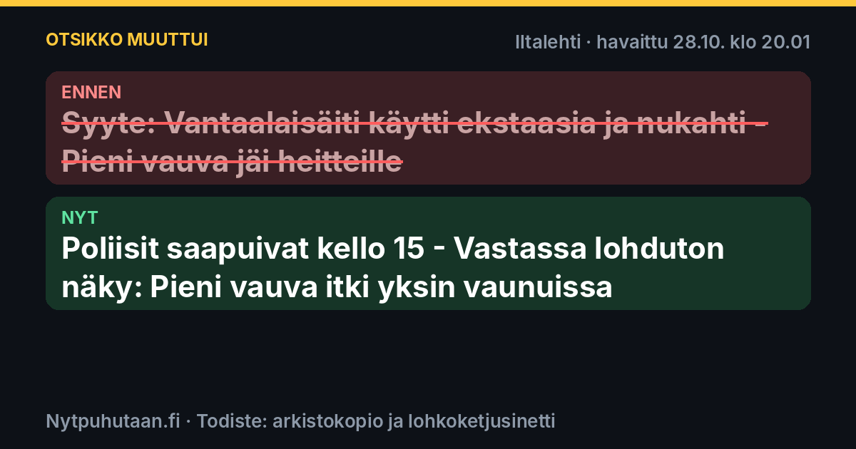 Ennen: Syyte: Vantaalaisäiti käytti ekstaasia ja nukahti – Pieni vauva jäi heitteille. Nyt: Poliisit saapuivat kello 15 – Vastassa lohduton näky: Pieni vauva itki yksin vaunuissa