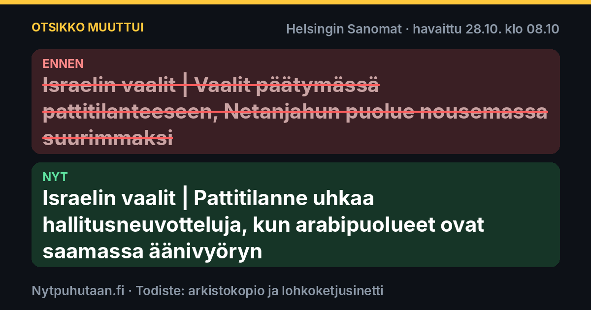 Ennen: Israelin vaalit | Vaalit päätymässä pattitilanteeseen, Netanjahun puolue nousemassa suurimmaksi. Nyt: Israelin vaalit | Pattitilanne uhkaa hallitusneuvotteluja, kun arabipuolueet ovat saamassa äänivyöryn