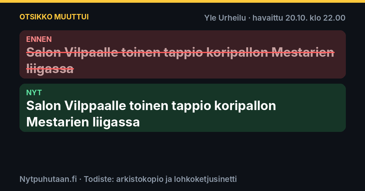 Ennen: Salon Vilpaalle toinen tappio koripallon Mestarien liigassa. Nyt: Salon Vilppaalle toinen tappio koripallon Mestarien liigassa