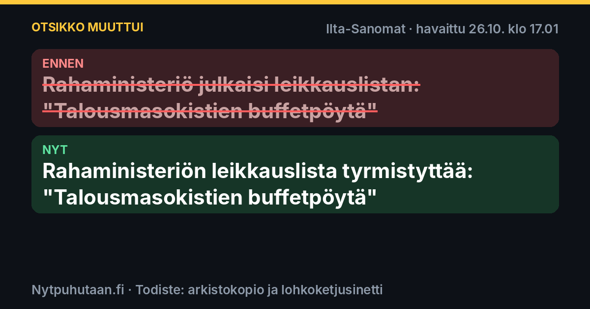 Ennen: Rahaministeriö julkaisi leikkauslistan: ”Talousmasokistien buffetpöytä”. Nyt: Rahaministeriön leikkauslista tyrmistyttää: ”Talousmasokistien buffetpöytä”