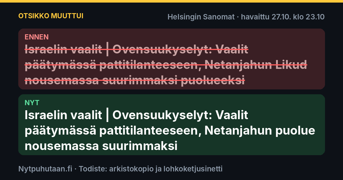 Ennen: Israelin vaalit | Ovensuukyselyt: Vaalit päätymässä pattitilanteeseen, Netanjahun Likud nousemassa suurimmaksi puolueeksi. Nyt: Israelin vaalit | Ovensuukyselyt: Vaalit päätymässä pattitilanteeseen, Netanjahun puolue nousemassa suurimmaksi