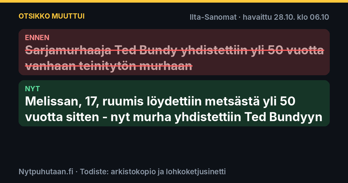 Ennen: Sarjamurhaaja Ted Bundy yhdistettiin yli 50 vuotta vanhaan teinitytön murhaan. Nyt: Melissan, 17, ruumis löydettiin metsästä yli 50 vuotta sitten – nyt murha yhdistettiin Ted Bundyyn