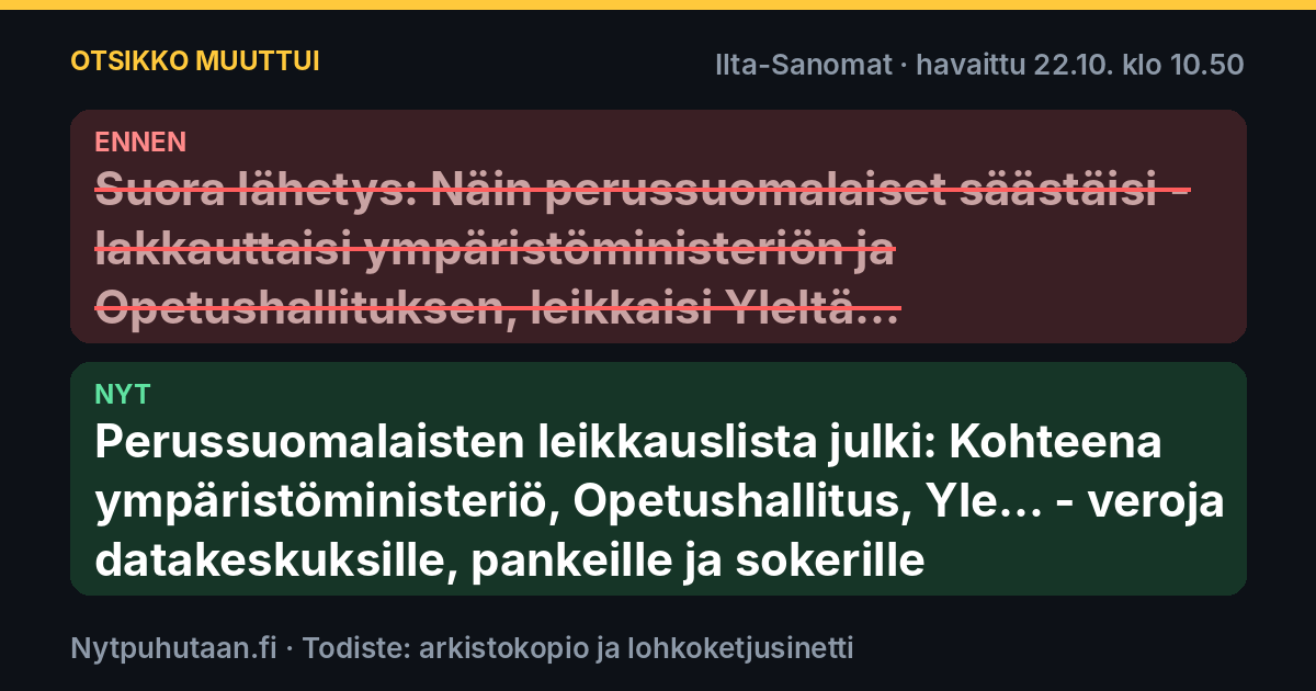 Ennen: Suora lähetys: Näin perussuomalaiset säästäisi – lakkauttaisi ympäristöministeriön ja Opetushallituksen, leikkaisi Yleltä.... Nyt: Perussuomalaisten leikkauslista julki: Kohteena ympäristöministeriö, Opetushallitus, Yle... – veroja datakeskuksille, pankeille ja sokerille