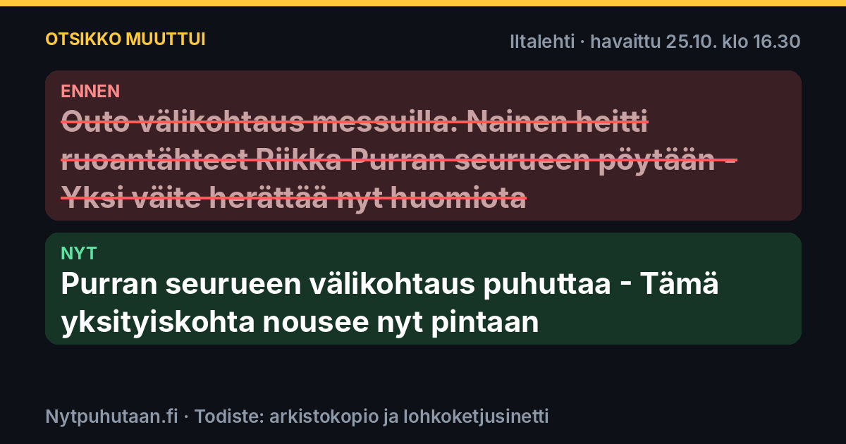 Ennen: Outo välikohtaus messuilla: Nainen heitti ruoantähteet Riikka Purran seurueen pöytään – Yksi väite herättää nyt huomiota. Nyt: Purran seurueen välikohtaus puhuttaa – Tämä yksityiskohta nousee nyt pintaan