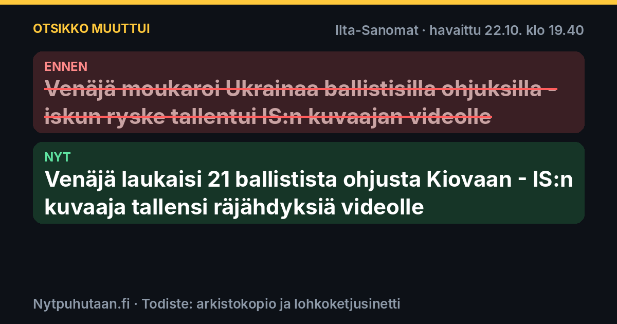 Ennen: Venäjä moukaroi Ukrainaa ballistisilla ohjuksilla – iskun ryske tallentui IS:n kuvaajan videolle. Nyt: Venäjä laukaisi 21 ballistista ohjusta Kiovaan – IS:n kuvaaja tallensi räjähdyksiä videolle
