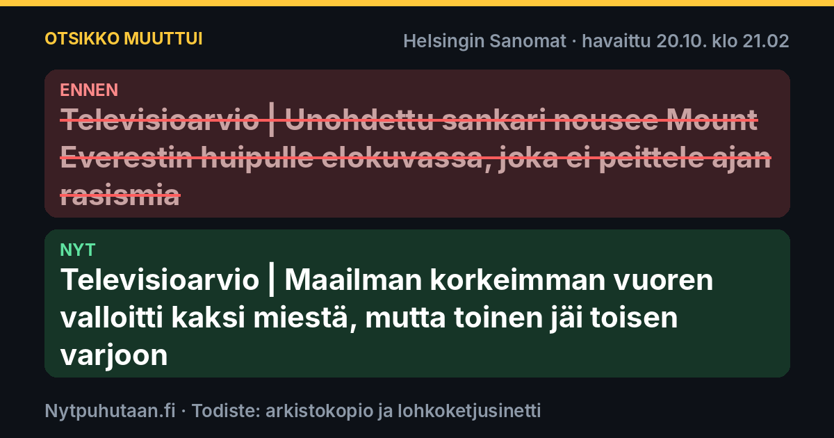 Ennen: Televisioarvio | Unohdettu sankari nousee Mount Everestin huipulle elokuvassa, joka ei peittele ajan rasismia. Nyt: Televisioarvio | Maailman korkeimman vuoren valloitti kaksi miestä, mutta toinen jäi toisen varjoon