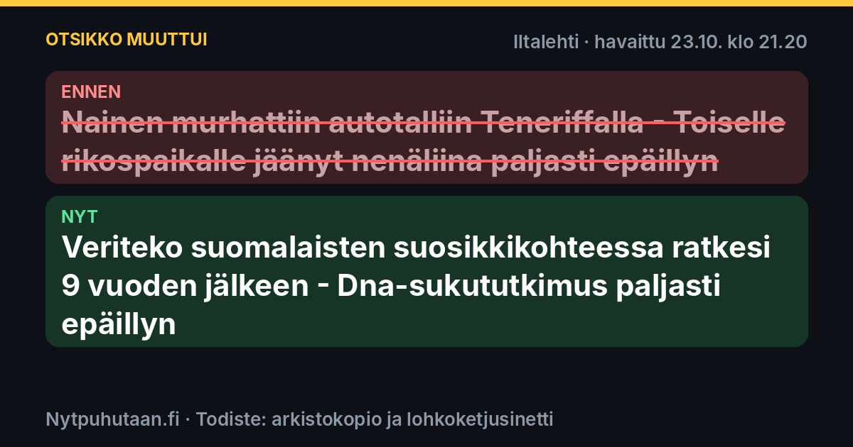 Ennen: Nainen murhattiin autotalliin Teneriffalla – Toiselle rikospaikalle jäänyt nenäliina paljasti epäillyn. Nyt: Veriteko suomalaisten suosikkikohteessa ratkesi 9 vuoden jälkeen – Dna-sukututkimus paljasti epäillyn