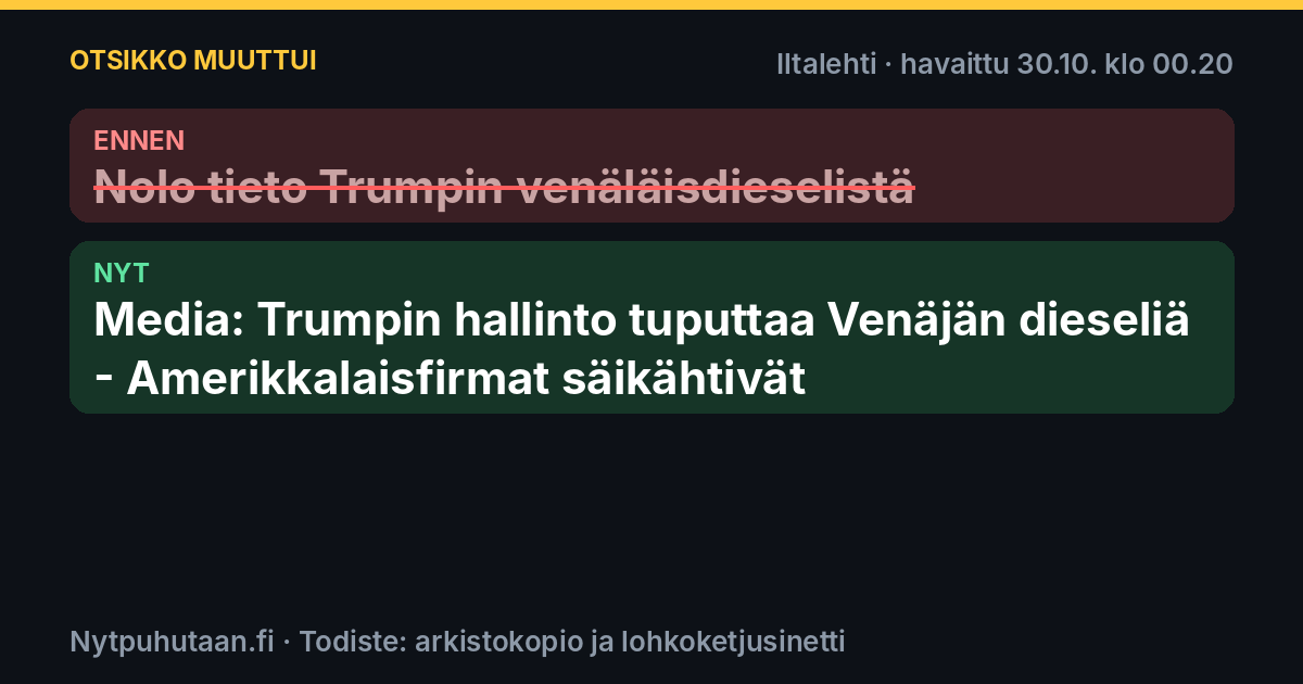 Ennen: Nolo tieto Trumpin venäläisdieselistä. Nyt: Media: Trumpin hallinto tuputtaa Venäjän dieseliä – Amerikkalaisfirmat säikähtivät