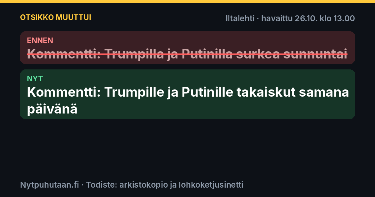 Ennen: Kommentti: Trumpilla ja Putinilla surkea sunnuntai. Nyt: Kommentti: Trumpille ja Putinille takaiskut samana päivänä