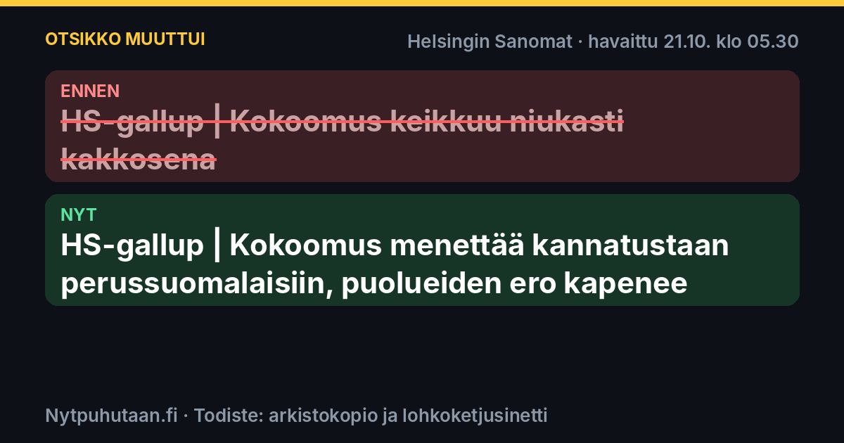 Ennen: HS-gallup | Kokoomus keikkuu niukasti kakkosena. Nyt: HS-gallup | Kokoomus menettää kannatustaan perussuomalaisiin, puolueiden ero kapenee