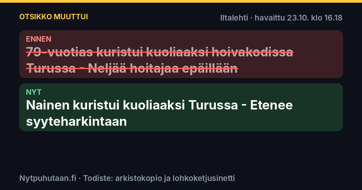 Ennen: 79-vuotias kuristui kuoliaaksi hoivakodissa Turussa – Neljää hoitajaa epäillään. Nyt: Nainen kuristui kuoliaaksi Turussa – Etenee syyteharkintaan