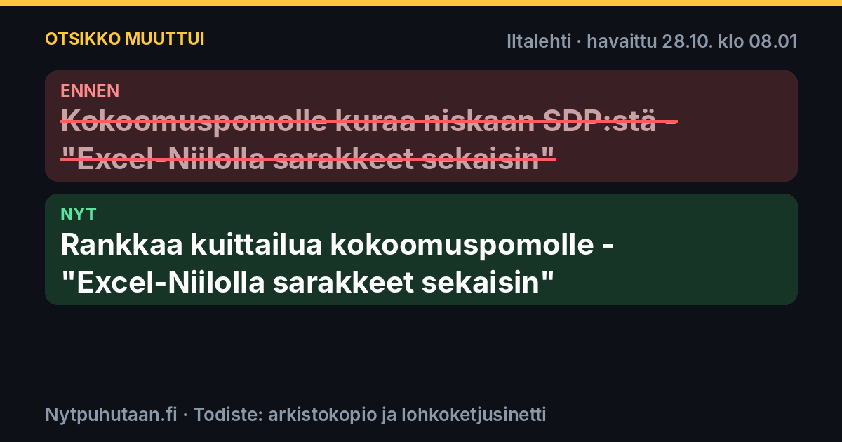 Ennen: Kokoomuspomolle kuraa niskaan SDP:stä – ”Excel-Niilolla sarakkeet sekaisin”. Nyt: Rankkaa kuittailua kokoomuspomolle – ”Excel-Niilolla sarakkeet sekaisin”