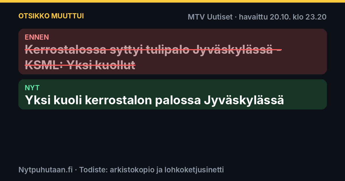 Ennen: Kerrostalossa syttyi tulipalo Jyväskylässä – KSML: Yksi kuollut. Nyt: Yksi kuoli kerrostalon palossa Jyväskylässä