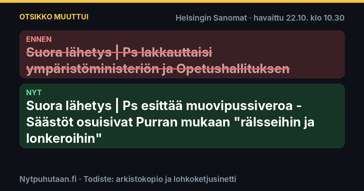 Ennen: Suora lähetys | Ps lakkauttaisi ympäristöministeriön ja Opetushallituksen. Nyt: Suora lähetys | Ps esittää muovipussiveroa – Säästöt osuisivat Purran mukaan ”rälsseihin ja lonkeroihin”