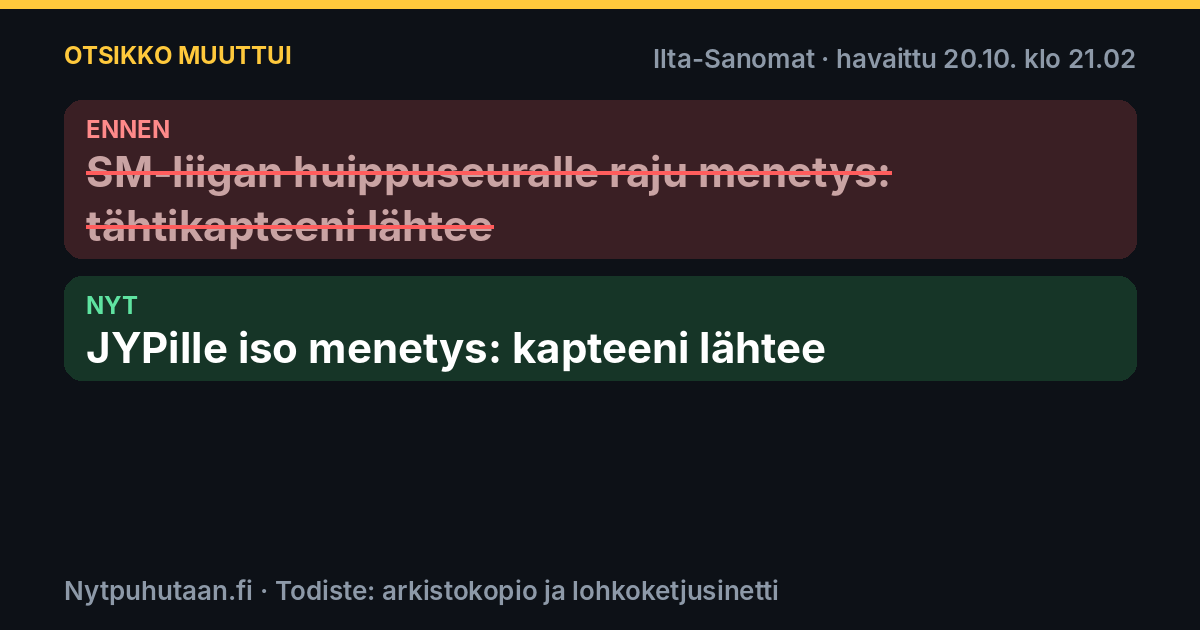 Ennen: SM-liigan huippuseuralle raju menetys: tähtikapteeni lähtee. Nyt: JYPille iso menetys: kapteeni lähtee