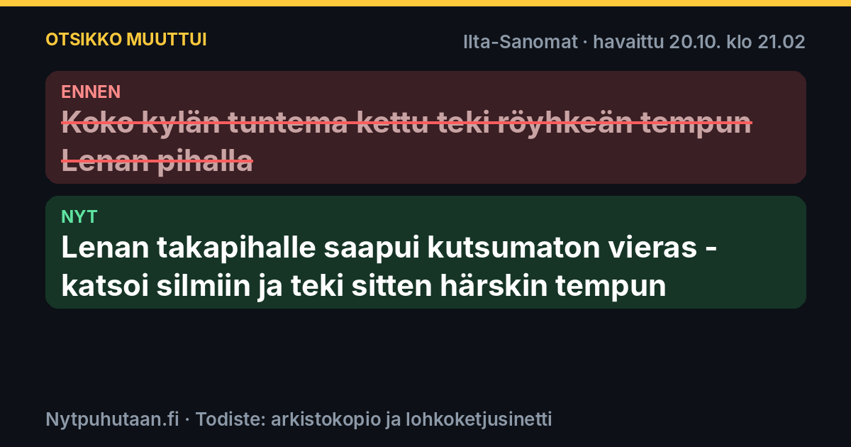 Ennen: Koko kylän tuntema kettu teki röyhkeän tempun Lenan pihalla. Nyt: Lenan takapihalle saapui kutsumaton vieras – katsoi silmiin ja teki sitten härskin tempun
