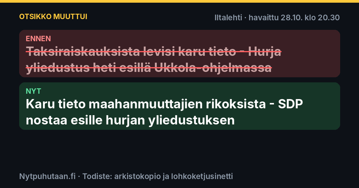 Ennen: Taksiraiskauksista levisi karu tieto – Hurja yliedustus heti esillä Ukkola-ohjelmassa. Nyt: Karu tieto maahanmuuttajien rikoksista – SDP nostaa esille hurjan yliedustuksen