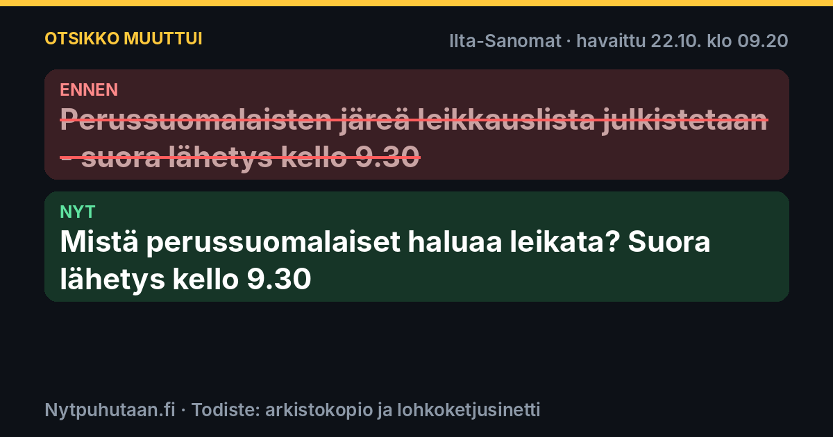 Ennen: Perussuomalaisten järeä leikkauslista julkistetaan – suora lähetys kello 9.30. Nyt: Mistä perussuomalaiset haluaa leikata? Suora lähetys kello 9.30