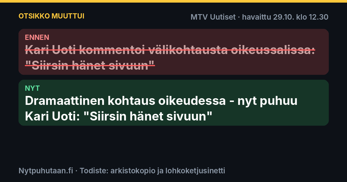 Ennen: Kari Uoti kommentoi välikohtausta oikeussalissa: "Siirsin hänet sivuun". Nyt: Dramaattinen kohtaus oikeudessa – nyt puhuu Kari Uoti: "Siirsin hänet sivuun"