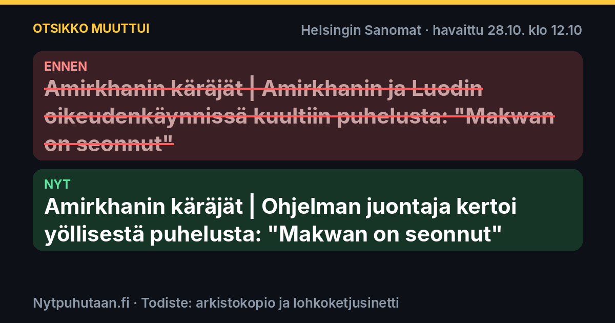 Ennen: Amirkhanin käräjät | Amirkhanin ja Luodin oikeudenkäynnissä kuultiin puhelusta: ”Makwan on seonnut”. Nyt: Amirkhanin käräjät | Ohjelman juontaja kertoi yöllisestä puhelusta: ”Makwan on seonnut”