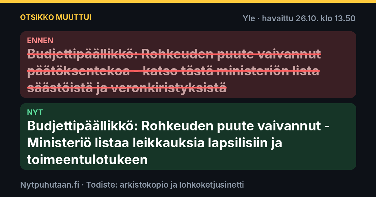 Ennen: Budjettipäällikkö: Rohkeuden puute vaivannut päätöksentekoa – katso tästä ministeriön lista säästöistä ja veronkiristyksistä. Nyt: Budjettipäällikkö: Rohkeuden puute vaivannut – Ministeriö listaa leikkauksia lapsilisiin ja toimeentulotukeen
