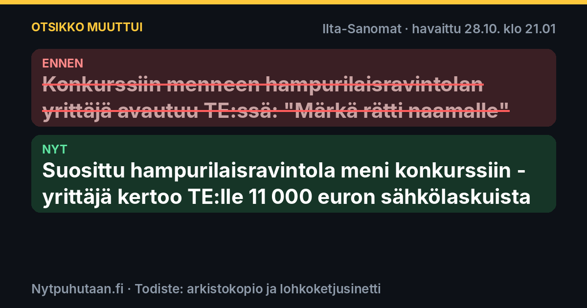 Ennen: Konkurssiin menneen hampurilaisravintolan yrittäjä avautuu TE:ssä: ”Märkä rätti naamalle”. Nyt: Suosittu hampurilaisravintola meni konkurssiin – yrittäjä kertoo TE:lle 11 000 euron sähkölaskuista