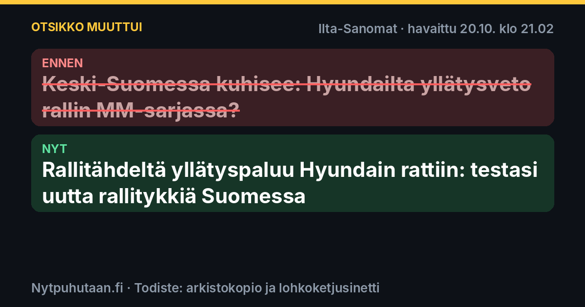Ennen: Keski-Suomessa kuhisee: Hyundailta yllätysveto rallin MM-sarjassa?. Nyt: Rallitähdeltä yllätyspaluu Hyundain rattiin: testasi uutta rallitykkiä Suomessa