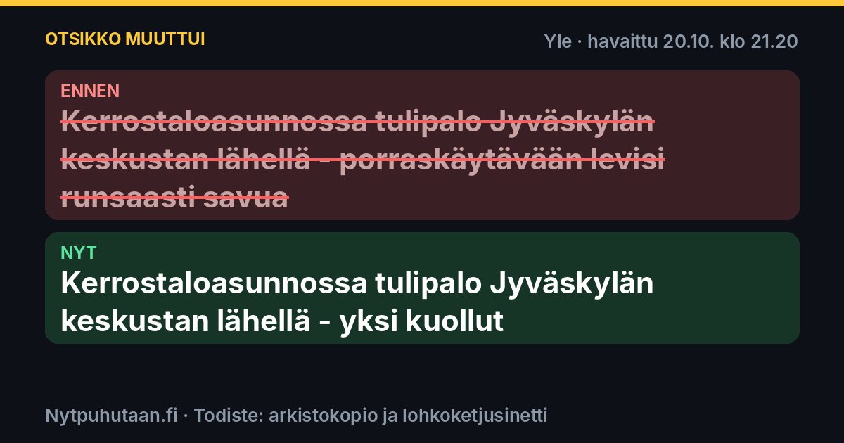 Ennen: Kerrostaloasunnossa tulipalo Jyväskylän keskustan lähellä – porraskäytävään levisi runsaasti savua. Nyt: Kerrostaloasunnossa tulipalo Jyväskylän keskustan lähellä – yksi kuollut