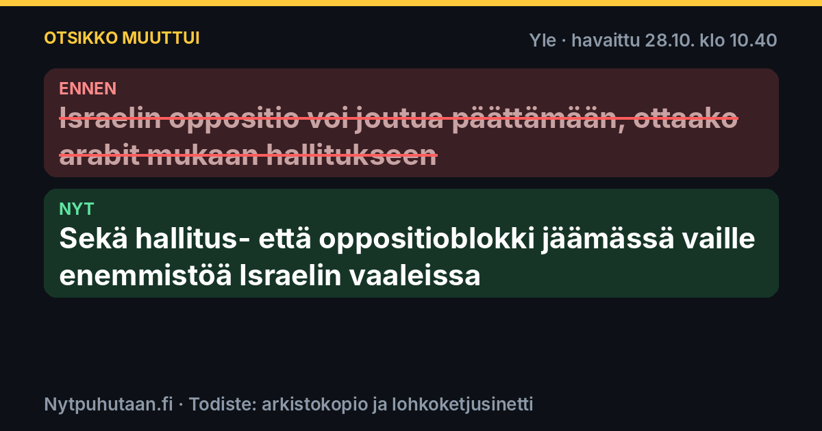 Ennen: Israelin oppositio voi joutua päättämään, ottaako arabit mukaan hallitukseen. Nyt: Sekä hallitus- että oppositioblokki jäämässä vaille enemmistöä Israelin vaaleissa